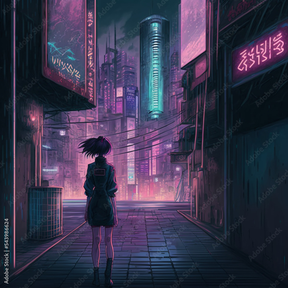 anime girl in cyberpunk city Stock Illustration | Adobe Stock