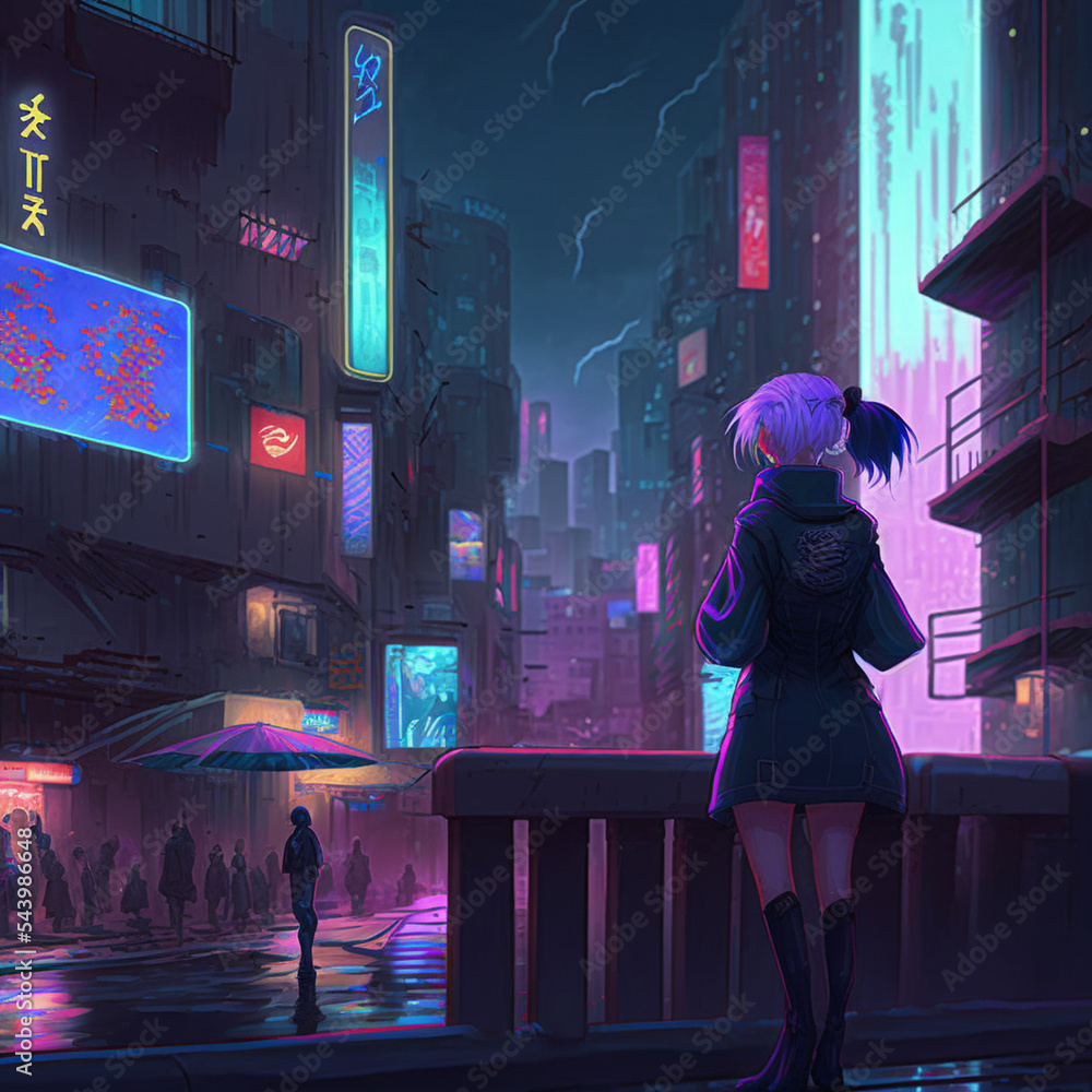 anime girl in cyberpunk city Stock Illustration | Adobe Stock