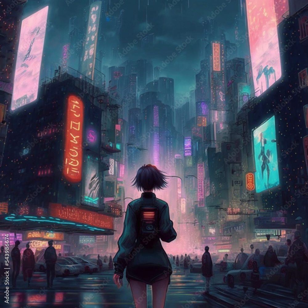 anime girl in cyberpunk city Stock Illustration