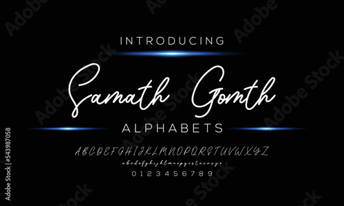 SAMATH , Hand drawn calligraphic vector monoline font. Distress signature letters. Modern script calligraphy type. ABC typography latin signature alphabet