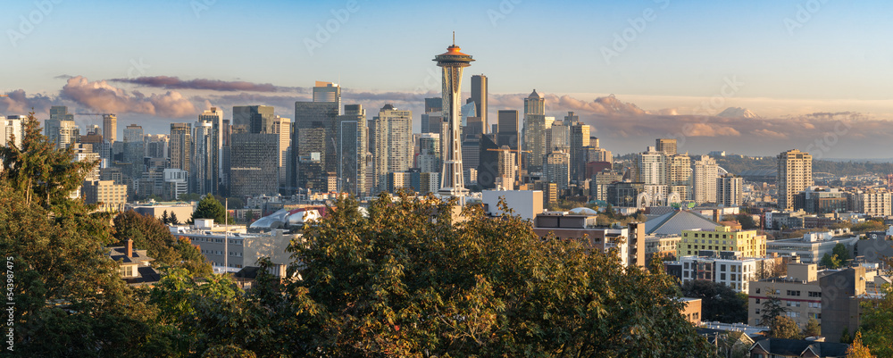 Seattle skyline with Space Needle downtown skyscrapers before sunset