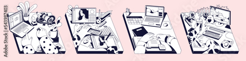 Creative workplaces set. Laptop computers on desk with hands during work. Pc screens on tables, workspaces with coffee cups, camera, drawing tablet, notebook. Isolated flat graphic vector illustration