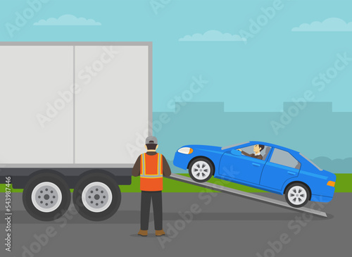 Automobile shipping service. Blue sedan car entering semi-trailer. Shipping truck being loaded by cars. Flat vector illustration template.