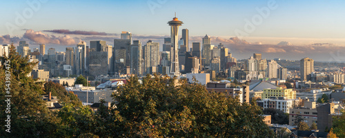 Seattle skyline with Space Needle downtown skyscrapers before sunset