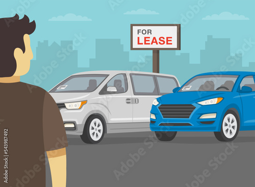 Young male character is looking for leasing cars. Back view of a customer at dealership. Flat vector illustration template.