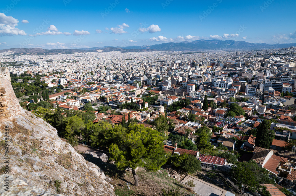 View from the slope of the Acropolis area looking out over modern-day, urban Athens, Greece.