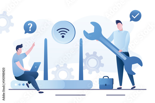 Internet technician uses wrench, fiber optic repairman. Businessman client uses laptop and need help problems with router. Wifi, wireless network.