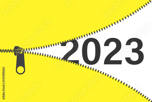 Opening zipper and happy new 2023 year coming soon. Cartoon yellow and black banner, template with place for text. New year idea concept. Clothing zipper and xmas signs.
