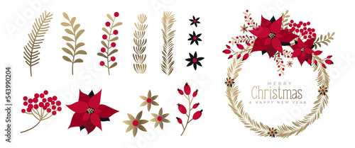 Set of Christmas floral wreath with winter flowers, branches, berries.