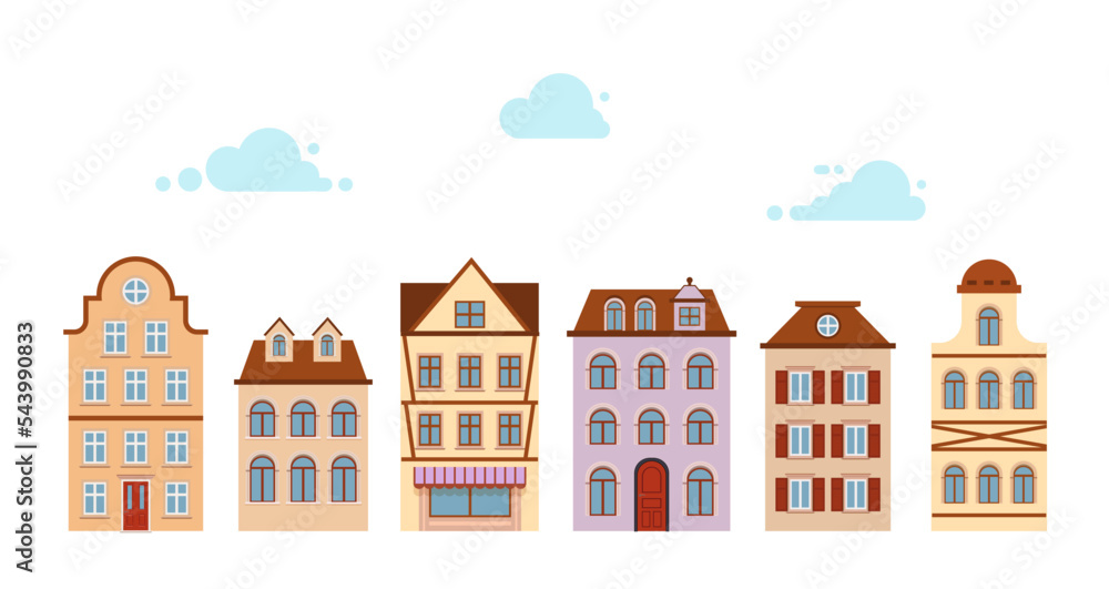Set House icon. Old street european town. Urban landscape. retro home cartoon.