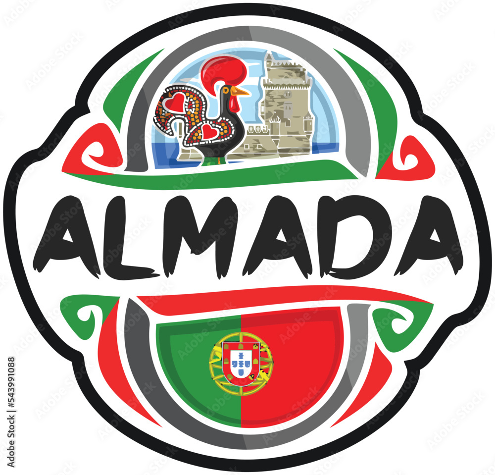 Almada Portugal Flag Travel Souvenir Sticker Skyline Landmark Logo Badge Stamp Seal Emblem Coat of Arms Vector Illustration SVG EPS