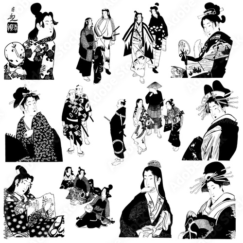 江戸時代　日本人　侍　武士　美人画　見返り美人　女性の絵　男性の絵　昔の絵 photo