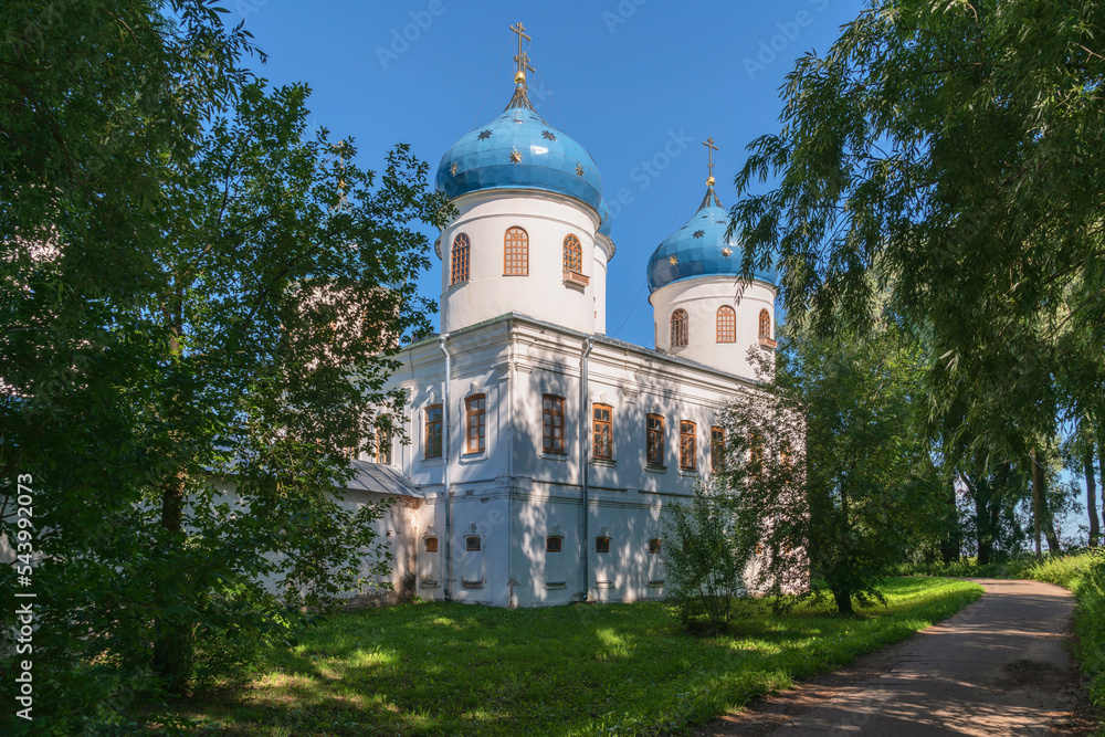 View of the Cross Exaltation Cathedral of St. George (Yuryev) Monastery on a sunny summer day, Veliky Novgorod, Russia