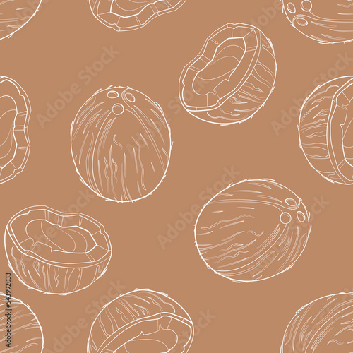 Coconuts seamless pattern. Line art vector illustration. Healthy food background.