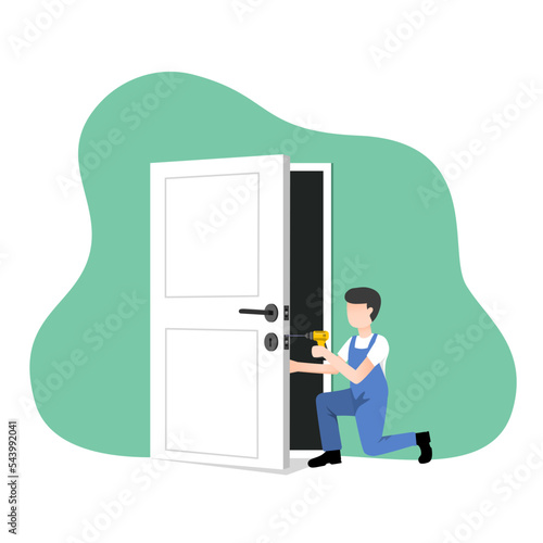 Locksmith repairing a door. Digital door lock service. locksmith fixes the lock. Vector illustration.