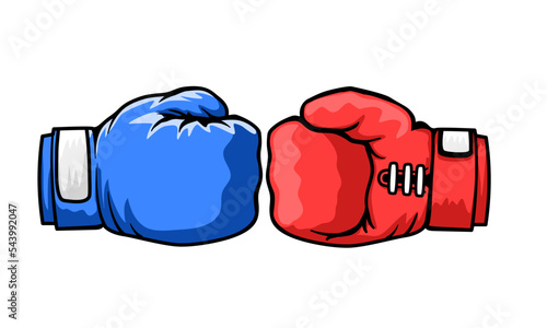 Boxing gloves fight between blue gloves and red gloves. Battle emblem cartoon. Vector illustration.