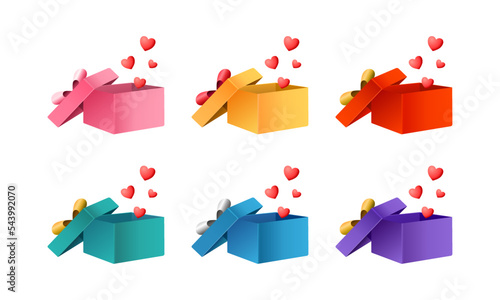 Set of colorful open gift boxes with floating hearts.