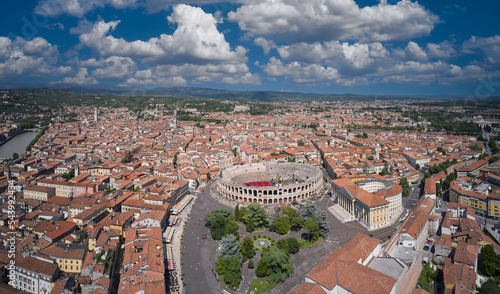 Aerial view of the historic city center of Verona, Italy. High altitude view of the Arena di Verona, Italy. Aerial panorama of the center of Verona.