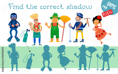 Find correct shadow. Puzzle game for children. Activity, vector illustration. Cute characters from different professions in cartoon style. 