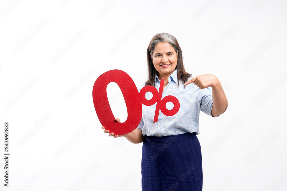 Indian woman showing zero percent sign on white background. Indian woman showing zero percent sign on white background.