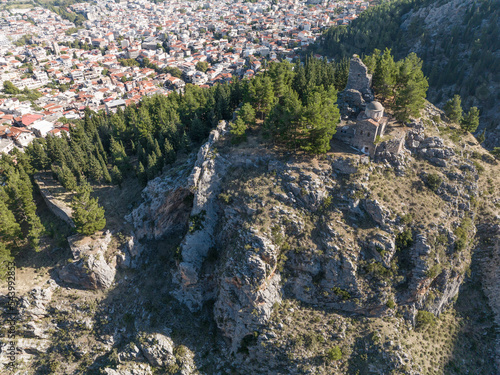 Aerial view of Levadia castle in Greece with blue cloudy sky photo