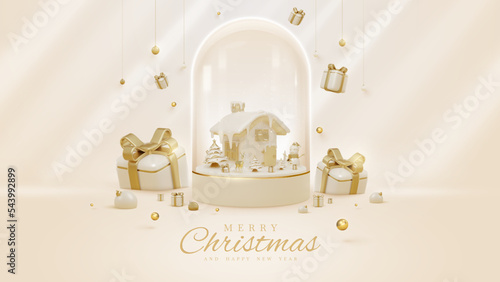 Luxury style background with 3d realistic christmas ornaments in glass bottle on podium with snow elements and glitter light effect decorations and bokeh. Vector illustration.
