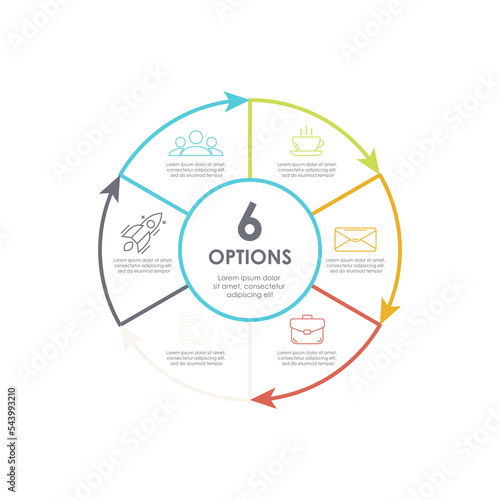 Outline round infographic element. Circle template 6 steps with arrows. Vector illustration