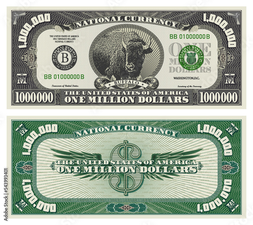 Vector obverse and reverse of a 1 000 000 dollars banknote with wings. Game US paper money with a wild buffalo. Green and gray guilloche frame. One million