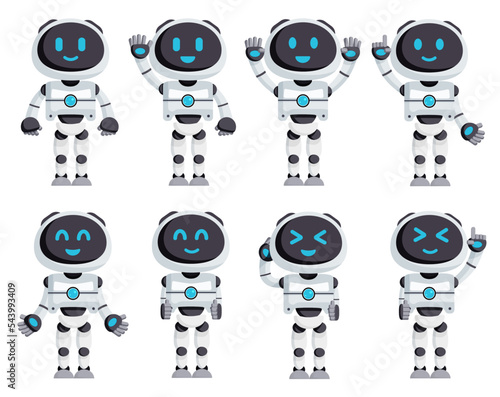 Robotic character vector set design. Robot ai characters isolated in white background with happy and friendly faces for pose and gestures collection. Vector illustration.
