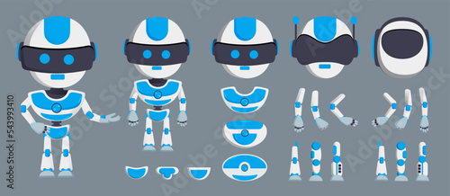 Robot characters creation kit vector set. Robots editable character kit with arms, legs and head parts for pose and gesture body creator design. Vector illustration.
