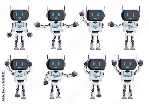 Robotic characters vector set design. Robot characters in standing pose and waving gesture isolated in white background for ai cartoon collection. Vector illustration.
