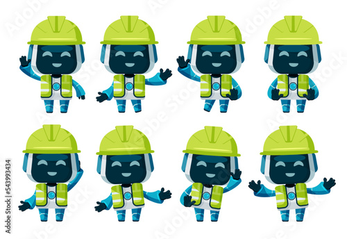 Robots police character vector set. Police robot characters with helmet and vest with pose and gesture or emergency officer robotic collection design. Vector illustration.
