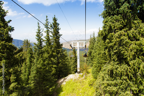 Summer mountain landscape high in the mountains. Tall trees of Christmas trees, ski lift at the ski base