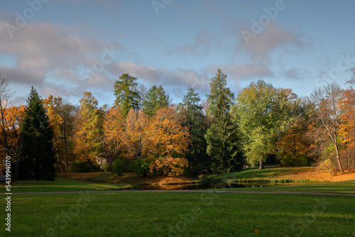Autumn landscape in the Catherine Park in Tsarskoye Selo on a sunny day, Pushkin, St. Petersburg, Russia