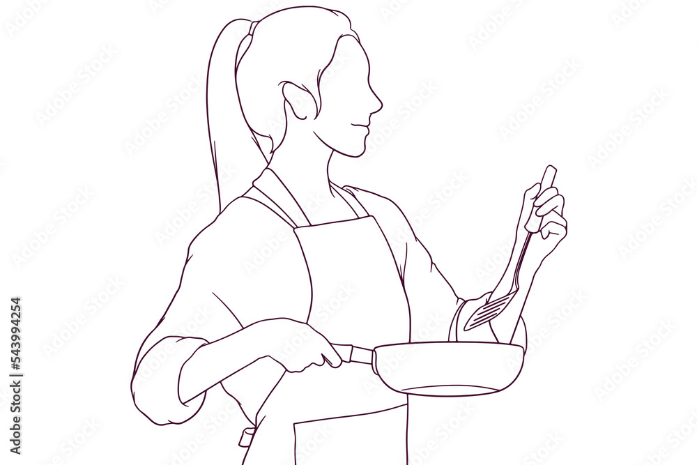 beautiful girl in apron cooking hand drawn style vector illustration