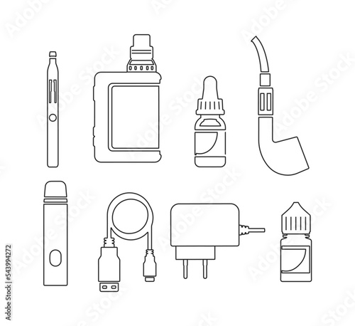 Vape and e-cigarette set, outline doodles, vector illustration isolated on white background.