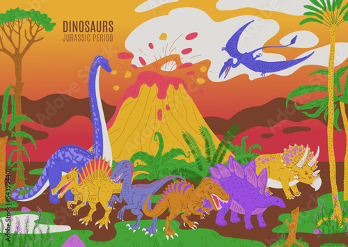 Dinosaur Jurassic period colorful background, flat vector illustration.