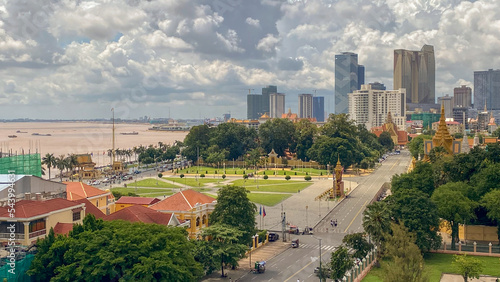 Downtown skyline, park and Mekong River, Phnom Penh, Cambodia photo