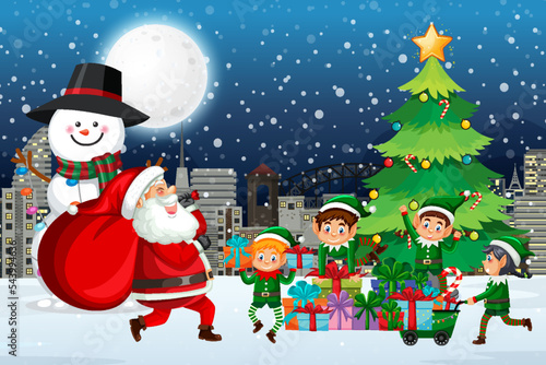 Christmas night with Santa Claus and elves