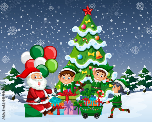 Christmas night with Santa Claus and elves