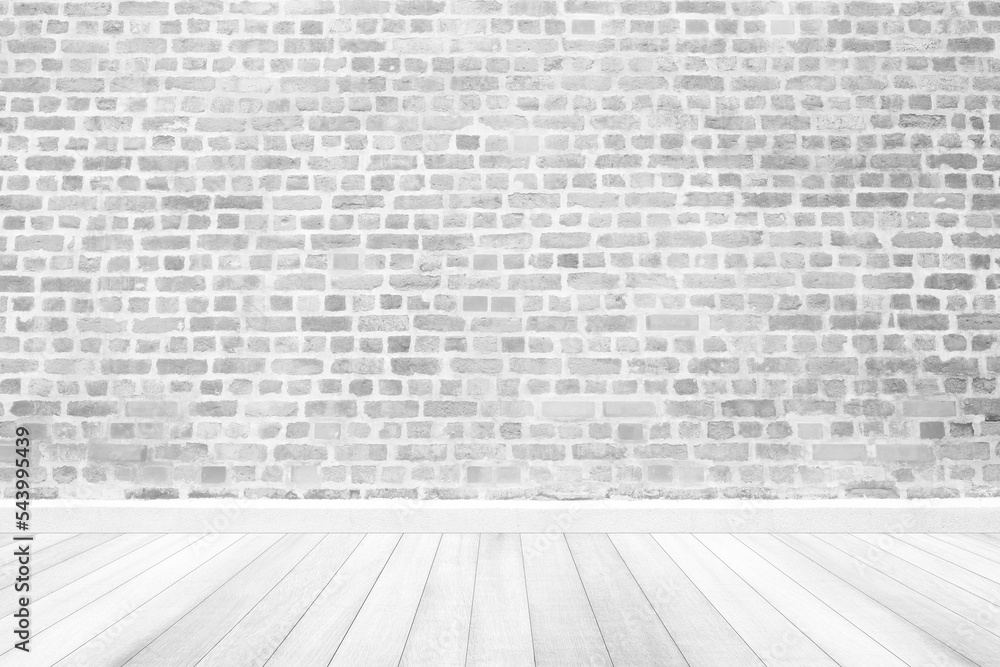 Fototapeta premium Interior Room with White Brick Wall and Wooden Floor, Suitable for Product Presentation Backdrop, Display, and Mock up.