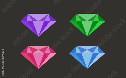 Gem diamond stone icon vector green, blue red pink purple set cut out flat isolated graphic illustration, gemstone diamant jewel for jewelry shop store logo or game element design clip art image