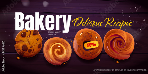 Bakery shop promo banner, social media ads. Price off promo template design for bread or bake house production with chocolate cookie, buns or bagel, pastry advertising, Cartoon vector illustration