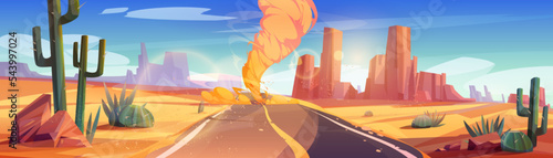 Tornado at desert road cartoon nature landscape. Wind storm with air funnel at highway with cracked asphalt along sand dunes and rocks perspective view with light flare effect. Vector illustration