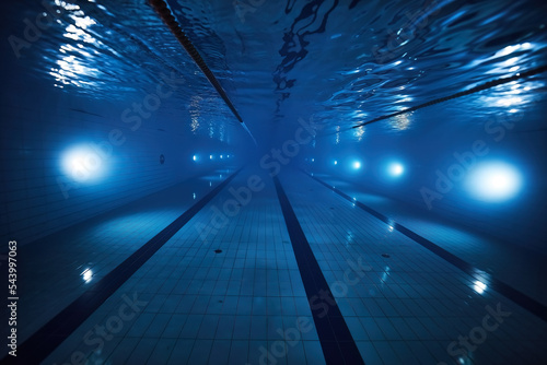 underwater view of swimming pool with underwater light in the evening