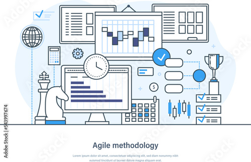 Agile methodology, project management and software development web banner. Agile scrum lifecycle process, requirement, development, debug, testing, software thin line design