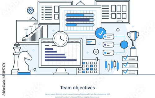 Team building objectives, purposes and goals web banner. Team building activities for breeding loyalty, building goals, planning, targeting, consistency for success thin line design © Idey