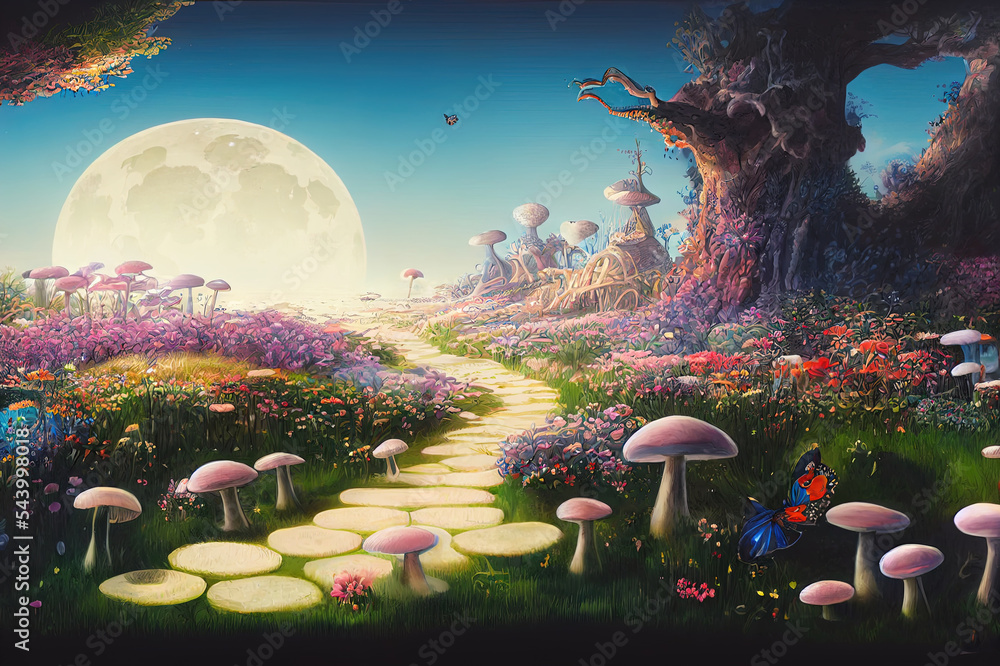 fantastic wonderland landscape with mushrooms, lilies flowers, morpho butterflies and moon. illustration to the fairy tale Alice in Wonderland