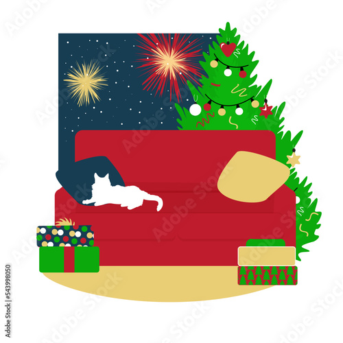 Decorated living room for christmas holidays. Red sofa, tree, gift boxes. White Cat on armchair. Firecrackers and snow in night window. Xmas home apartment background.