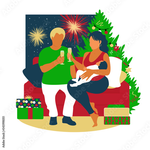 Happy young family celebrate christmas holidays. New year and merry christmas party at home. Husband and wife together with baby. Green tree and fireworks background. Isolated on white.